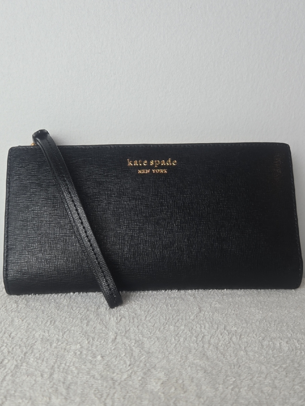 Kate spade Black Saffiano Wristlet clutch With Gold Logo
